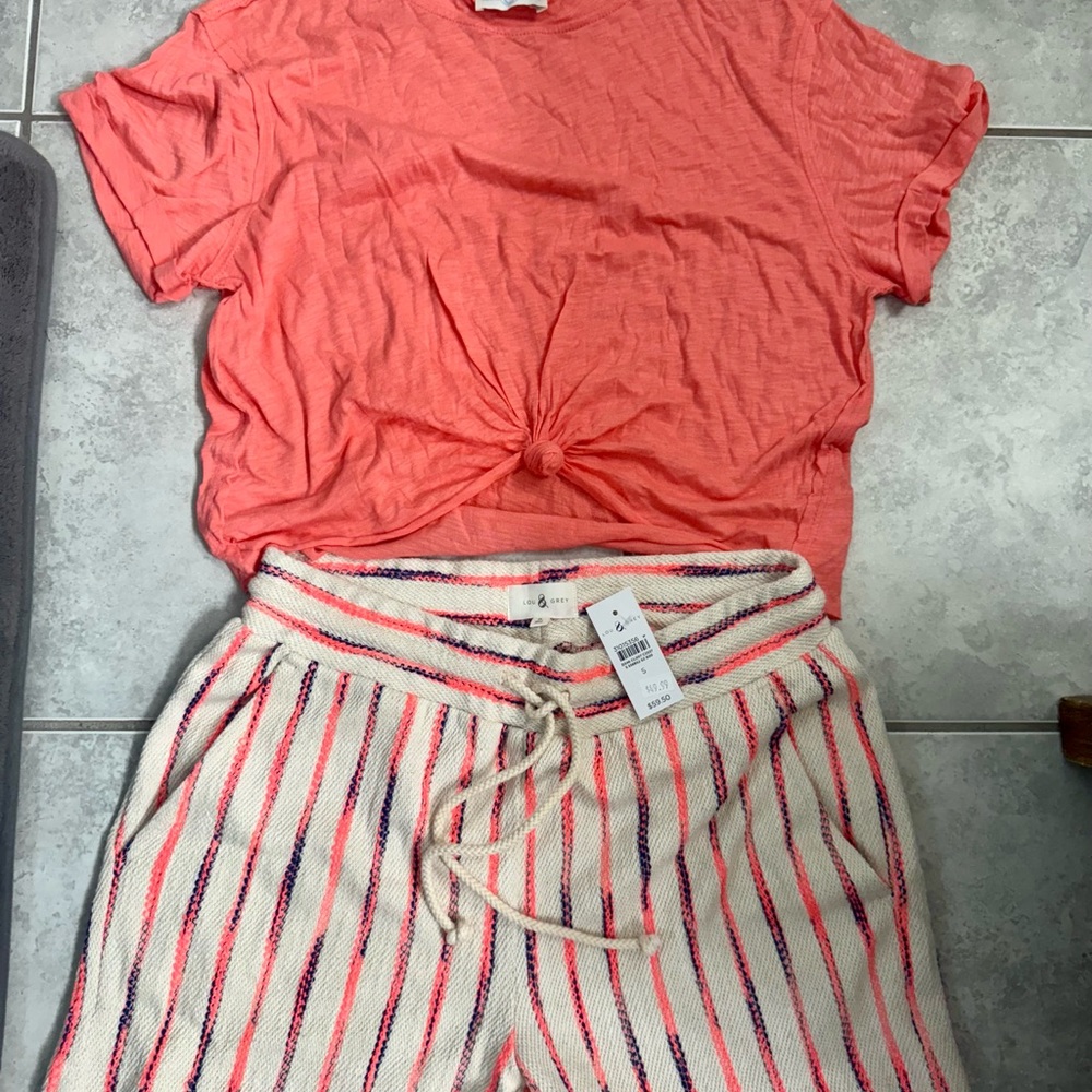 Coral Knotted Tee and Striped Shorts Set